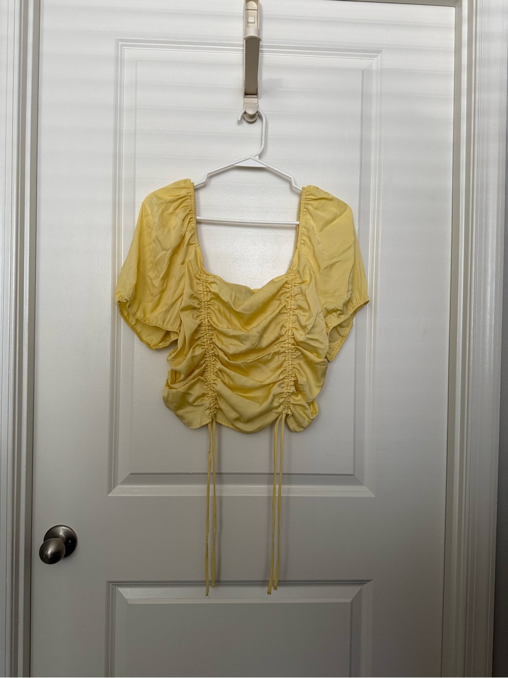 Forever 21 Yellow Ruched Puff Sleeve Crop Top with Drawstrings